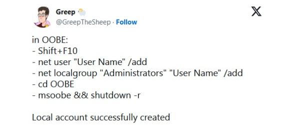 Запрет установки Windows 11 с локальным аккаунтом не сработал — пользователи нашли новые обходные пути